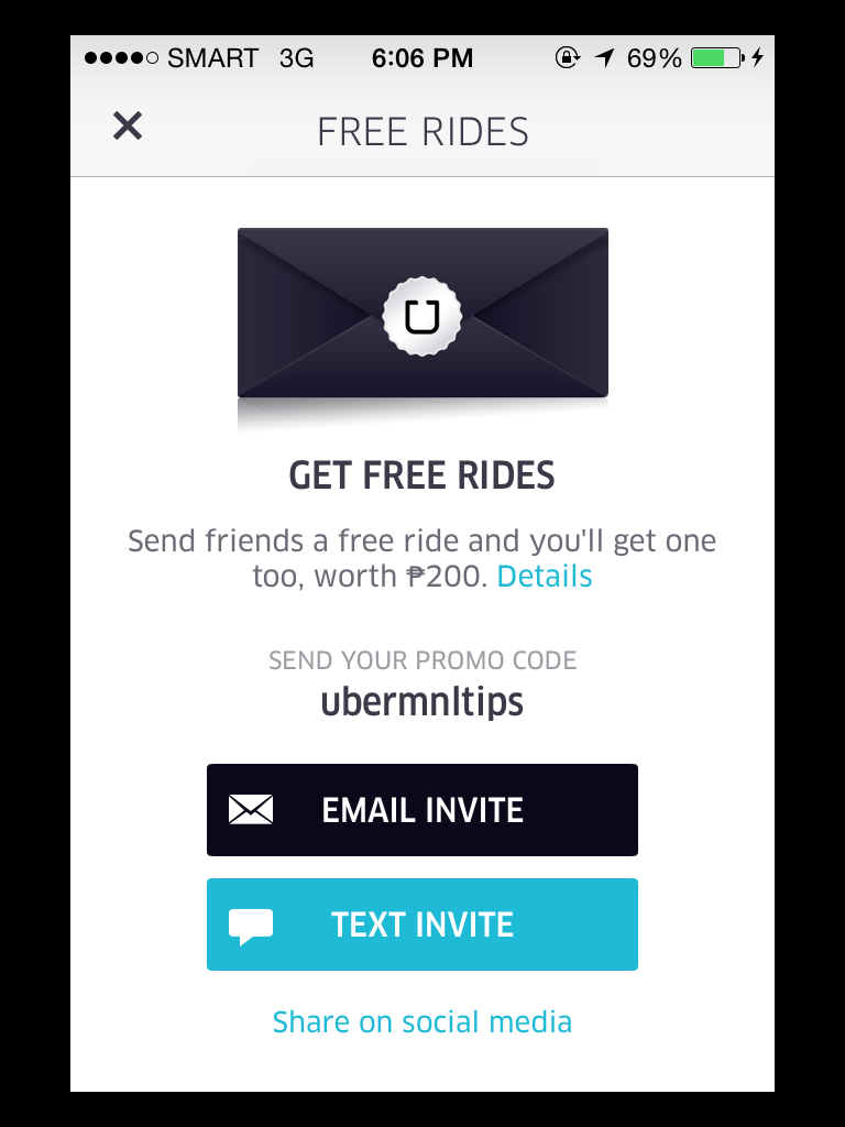 Uber Promo Code Get a FREE RIDE up to Php 200! Use Promo Code: UBERMNLTIPS to get your FREE RIDE